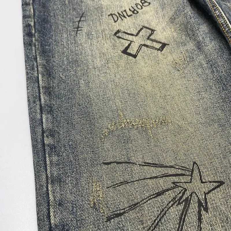 Spring and Autumn Retro Old Washed Grinded Printed Jeans Mens Loose Fit MicroConical Small Straight Trousers High Street Trend J251030