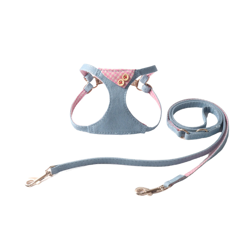 Plaid Denim Dog Harness & Leash Set with Decorative Buttons, Comfortable Breathable, Multi-Color Options, for Small Dogs, Sturdy Metal Buckles, Ideal 