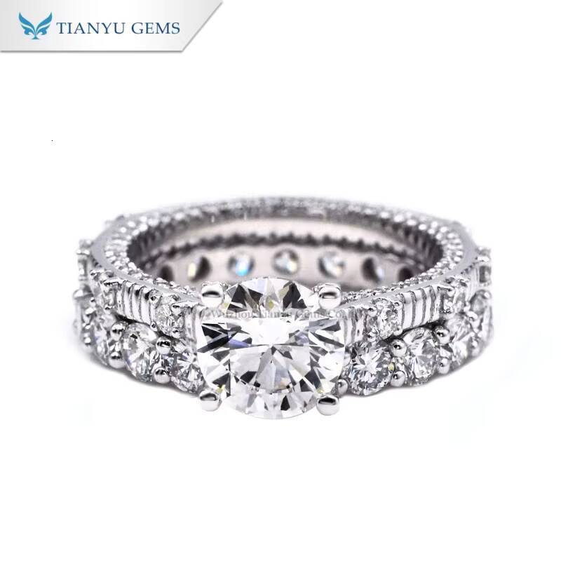 Tianyu gems Custom Made Moissanite Diamond Round Hearts And Arrows Cut 75mm 15ct 18k White Gold Ring Set For Women