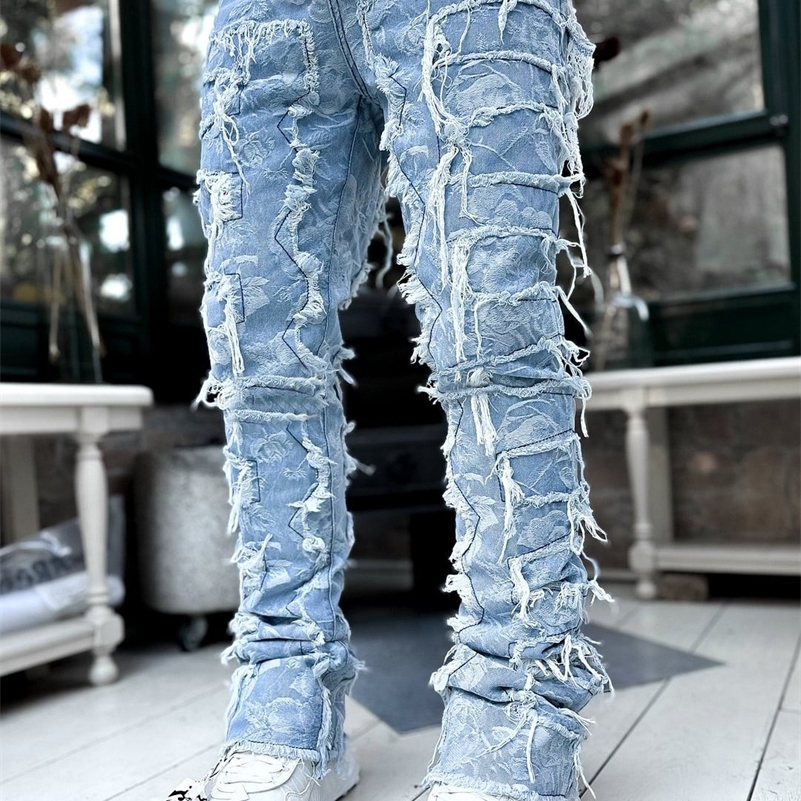 Mens Regular Fit Stacked Jeans Ripped Slim Fit Patch Distressed Destroyed Straight Denim Pants Hip Hop Streetwear Trouser Cloth i251029