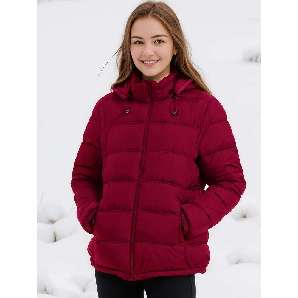 Women S Elegant Casual Long Sleeve Hooded Puffer Jacket Polyester Non Stretch Solid Color With Pockets And Flared Hem