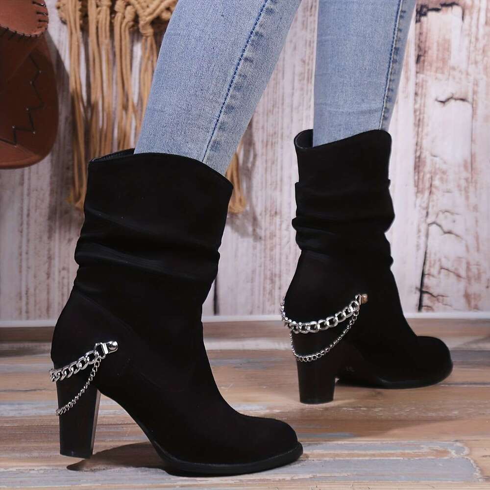 Women's Block Short Boots, Chain Decor Slouch Slip On Booties, Fashion Suedette High Heeled Booties