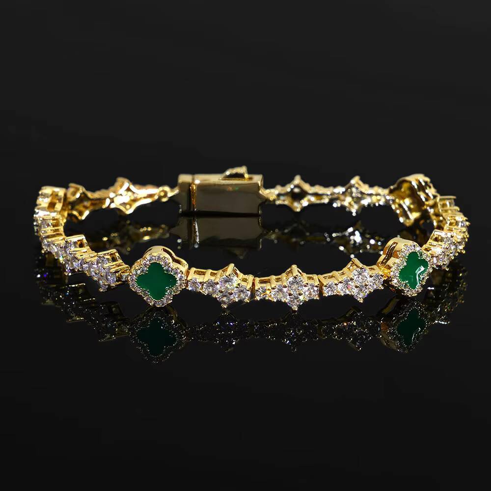 NUOYA Hip Hop New Style Iced Out Four Leaf Clover Necklace Silver Color 65mm moissanite Diamond Colorful Tennis Chain Jewelry for Women Designer'