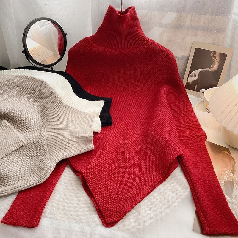 Korea Autumn Winter Women Fashion Irregular Loose Knit Sweater Vintage High Neck Long Sleeve Female Pullovers Chic Tops 251028