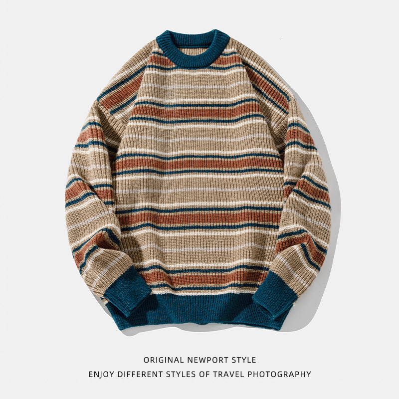 Designer Sweater Color Block Striped Crew Neck Sweater For Men Autumn And Winter Thick Knit Loose Fit Lazy Style Soft Pullover Knitwear Jacket