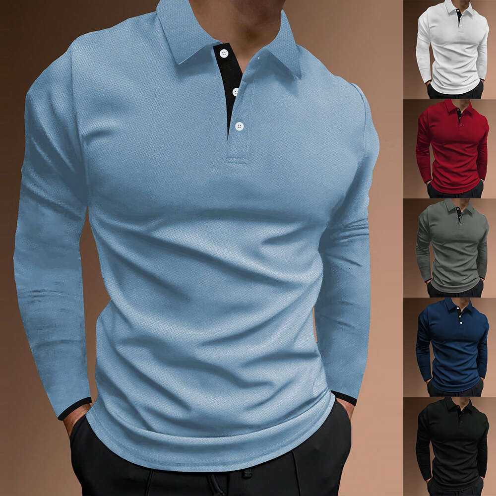 European Size Men's Autumn Sports Fitness Casual Stand Collar Stretch Vertical Stripe Long Sleeve Polo Shirt