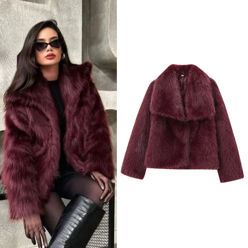 HXAO Womens Fur Coat Women Plush Burgundy Bomber Jacket Solid Crop Long Sleeve Warm Winter Coats Woman Casual 251028