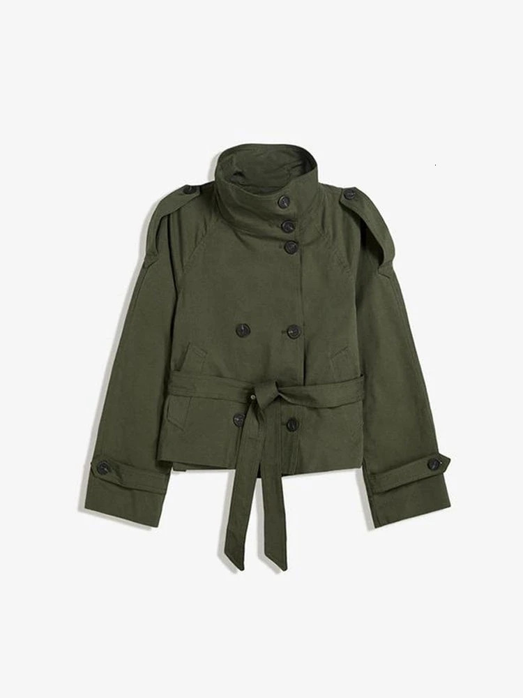 Spring Autumn Women Stand Collar Trench Coat 2025 With Belt Double Breasted Jacket High Street Long Sleeve Windbreaker Coat 251030