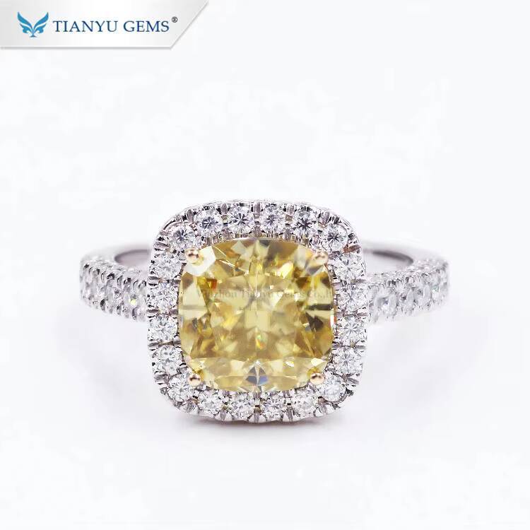 Tianyu Gems 8mm Cushion Crushed Ice Cut Vivid Yellow Moissanite halo Ring Women 18k 14k 10k White Gold Rings Customized Jewelry