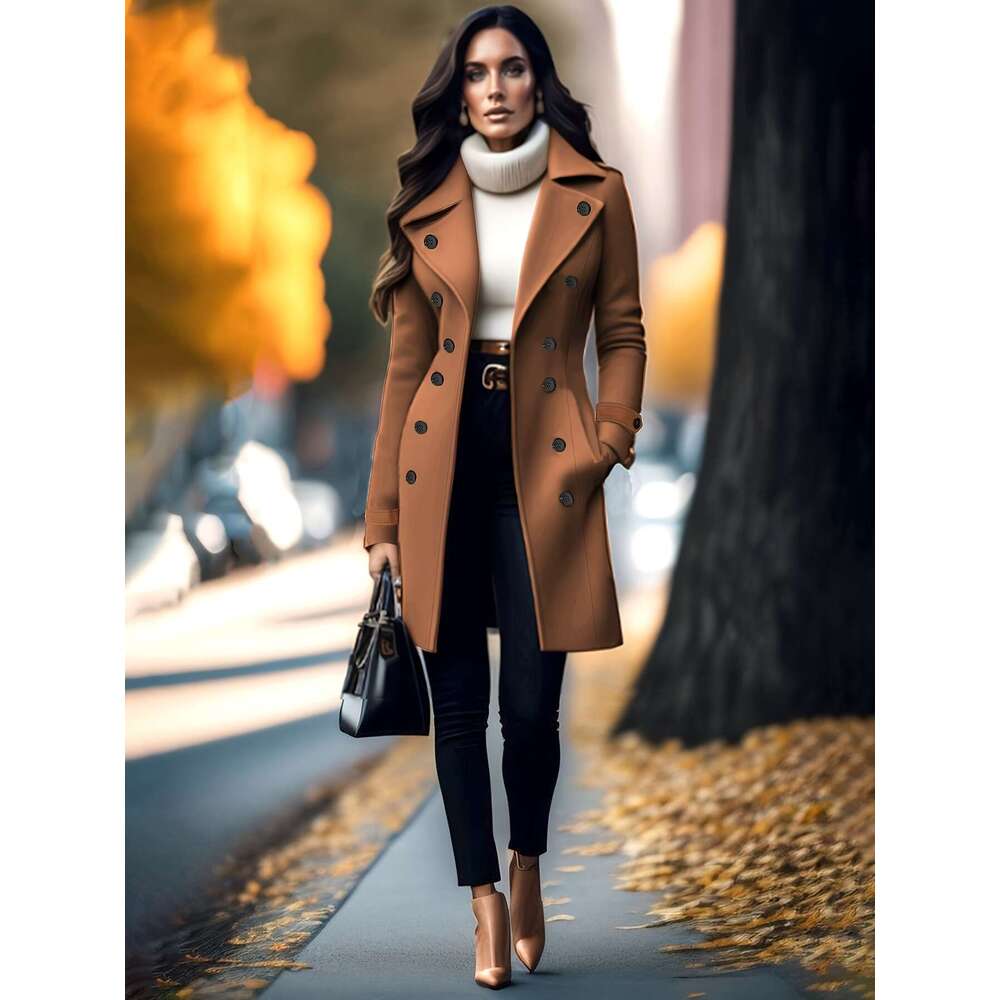 Women S Elegant Thickened Tweed Coat Solid Color Regular Fit Long Sleeve Button Front With Flared Hem All Season Versatile Outerwear For Casual Formal