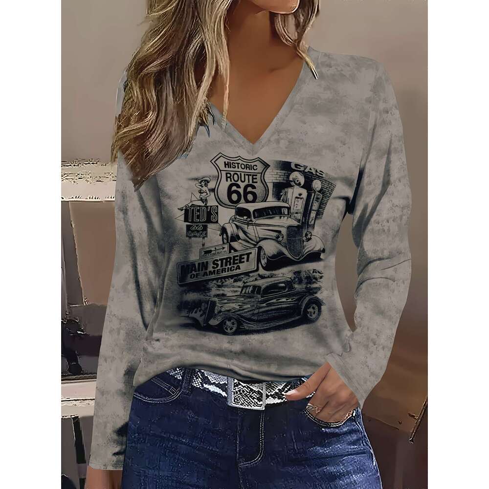 Women's Vintage Route 66 Graphic V-Neck Long Sleeve T-Shirt - Casual Attire With Classic Car Design, Soft Fabric, All-Season Comfort Fit, Ladies 