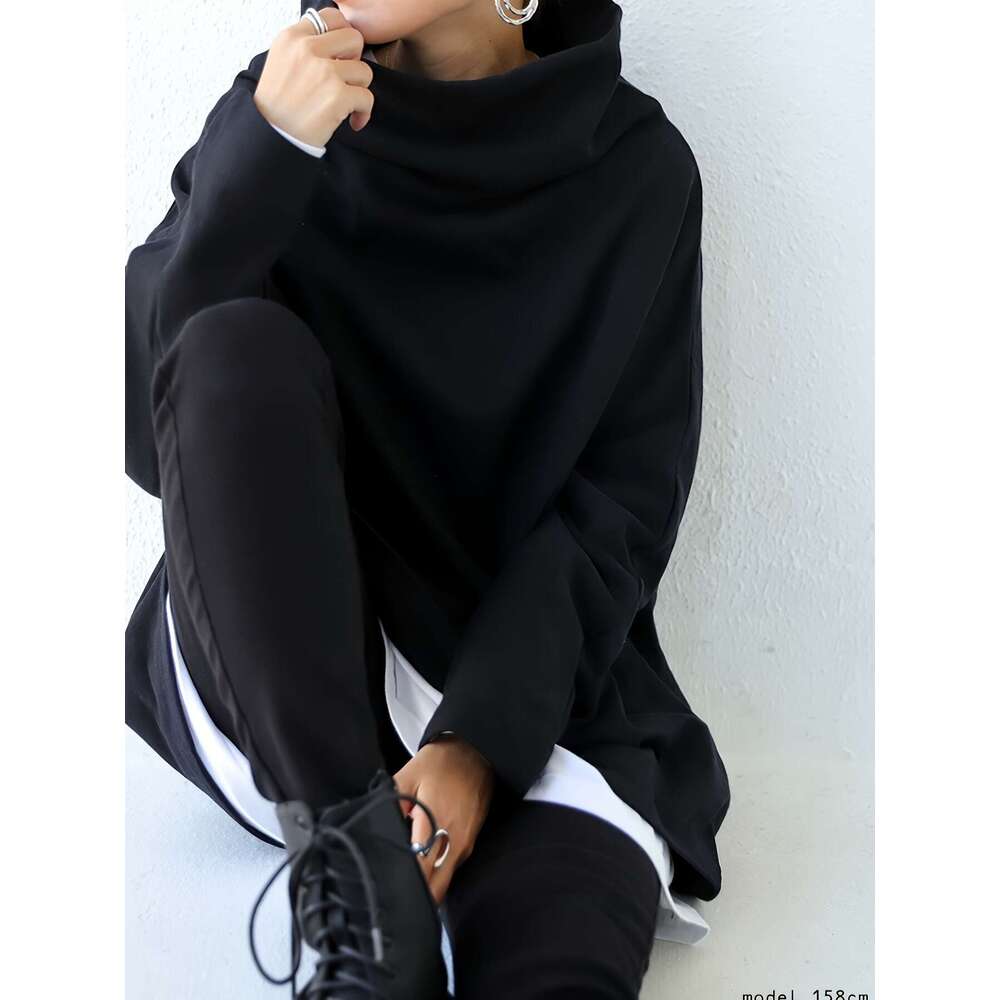 Women S Oversize Simple Tops New Fashion Casual Solid Color High Neck Long Sleeve T Shirt