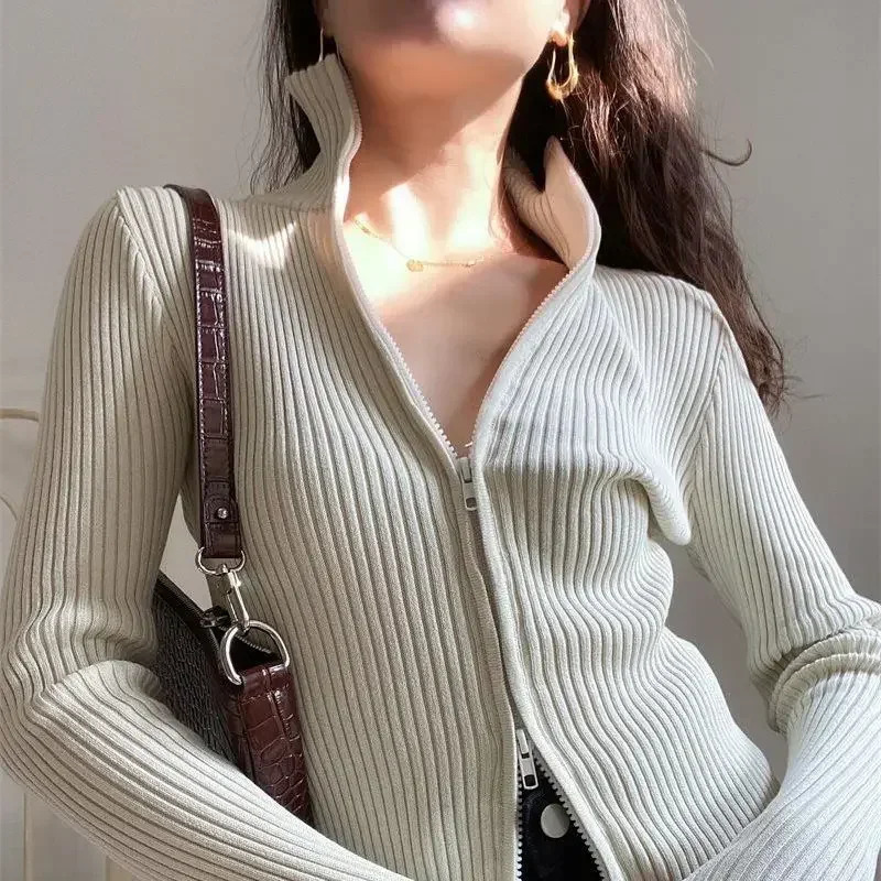 Autumn Womens Clothing Casual Cardigan Y2K Slim Knitted Sweater Zipper Lapel Top Vintage High Strecth Slim Pullovers 251029
