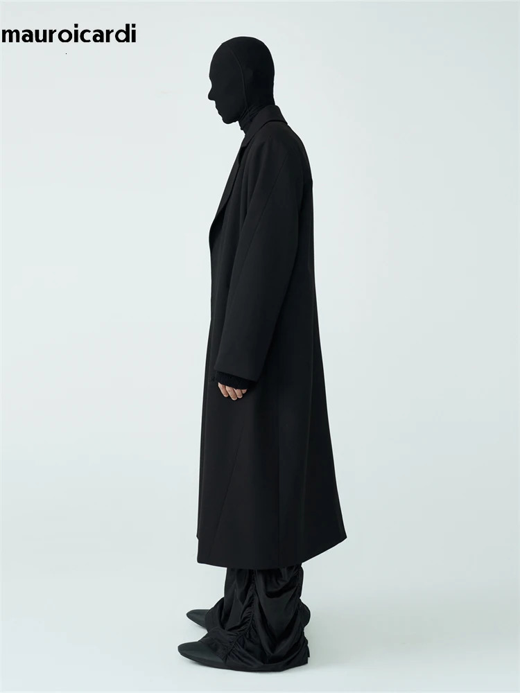 Mauroicardi Autumn Winter Cool Long Black Thick Warm Loose Casual Soft Wool Blends Coat Men with Shoulder Pads No Buttons 251029