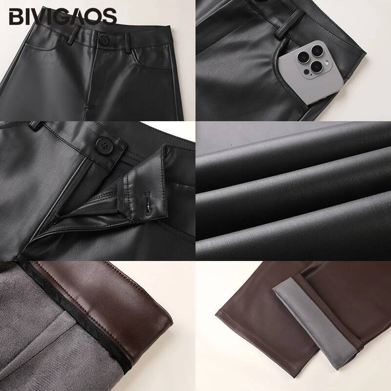 winter jacket women BIVIGAOS Fall Winter Fleece Loose Wide Leg Warm Leather Women Button Pocket High Waist Thick PU Casual Straight Pants534