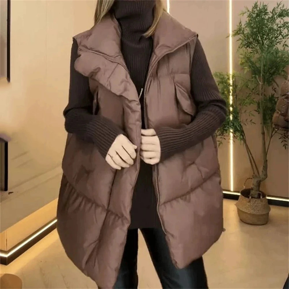 Korean Fashion 2025 Vest Jacket Women Winter Warm Waistcoats Ladies Stand Collar Down Coat Female Loose Oversize Outwears 251024