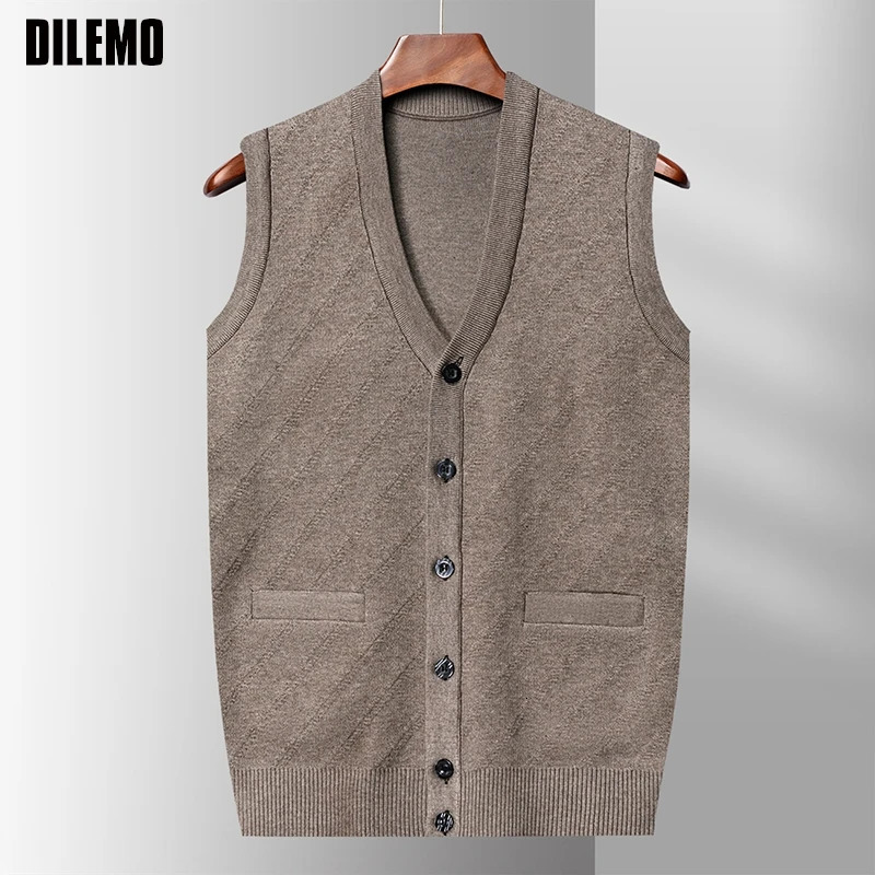 Top Grade Autum Winter Fashion Cardigan Knit V Neck Woolen Casual Sweater Vest Sleeveless Trendy Mens Clothes 2025 251017