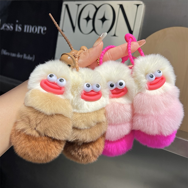 Adorable Caterpillar Rabbit Fur Plush Keychain Doll Car Accessory Backpack Charm Gift