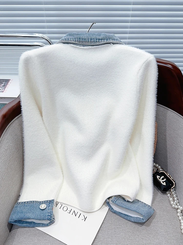 Aoaiiys Contrast Color Cardigan Women Turndown Collar Long Sleeve Coat Denim Spliced Knitted Cardigan Coats Autumn Winter 251029