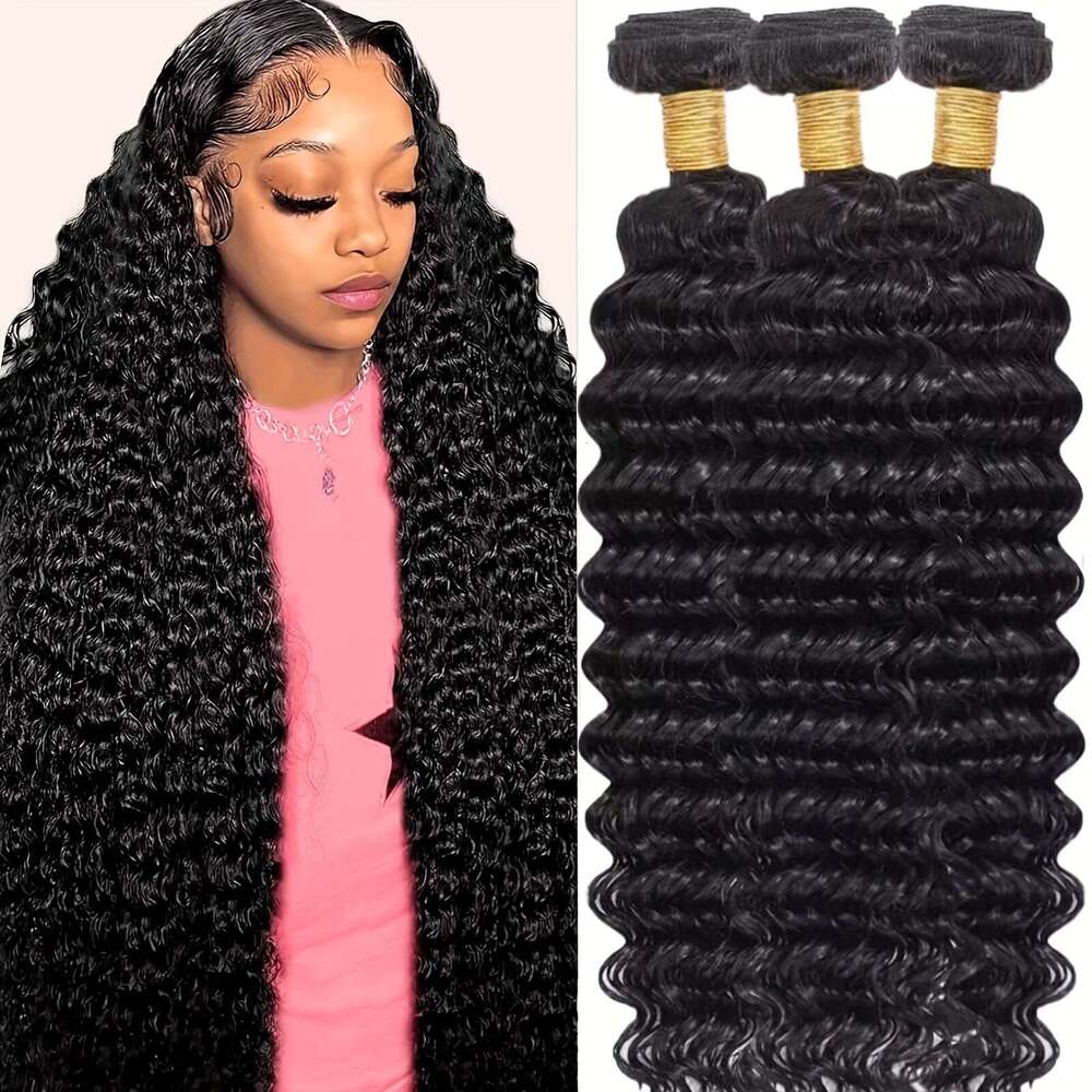 12A 32 34 36 Inch Unprocessed Brazilian Virgin Curly Weave 3 Real Human Hair Deep Wave Bundles For Women Natural Black