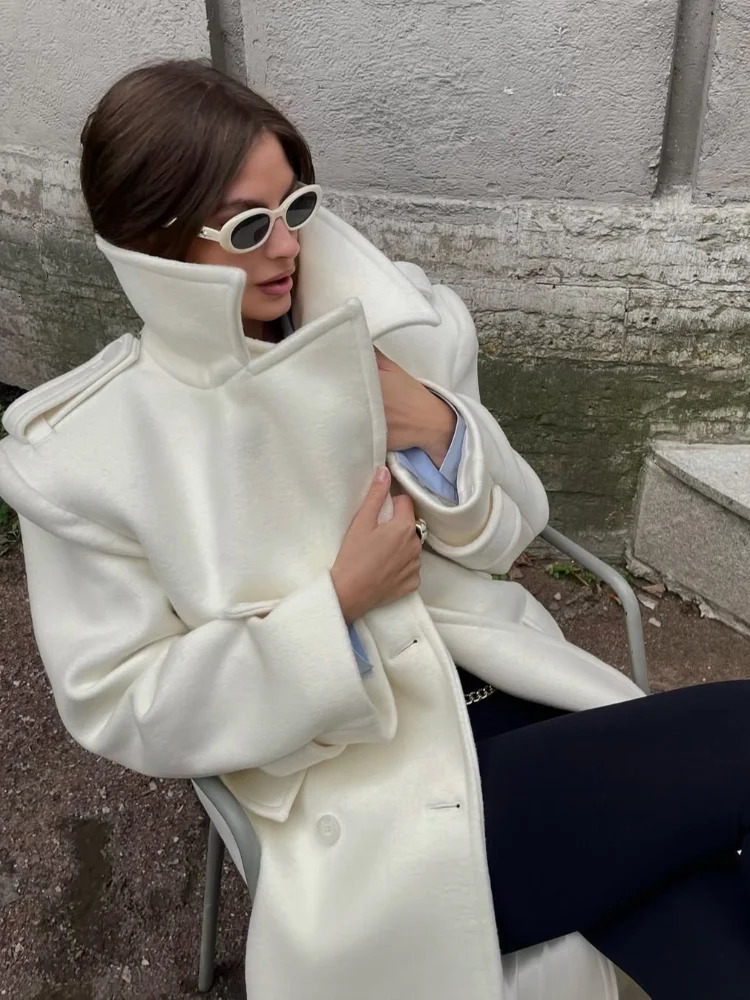 Elegant Solid Lace Up Overcoat Women Fashion Doublebreasted Wool Pockets Long Coats Autumn Winter High Street Outerwears 251030