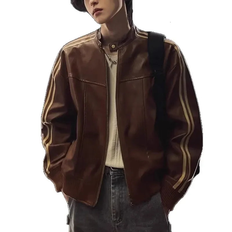 Loose Fit Mens Biker Leather Jacket Stripe Patchwork Stand Collar Casual Outerwear Faade Mixed Material Chinese Production 251029