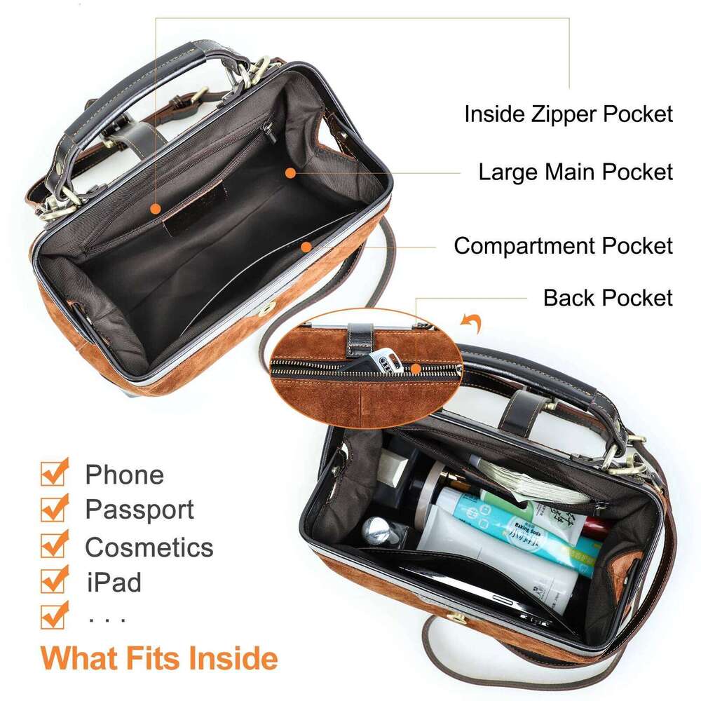 Contact's Genuine Suede Leather Handbag For Women Sling Shoulder Metal Frame Crossbody Bag Tote Doctor Bags Office Ladies