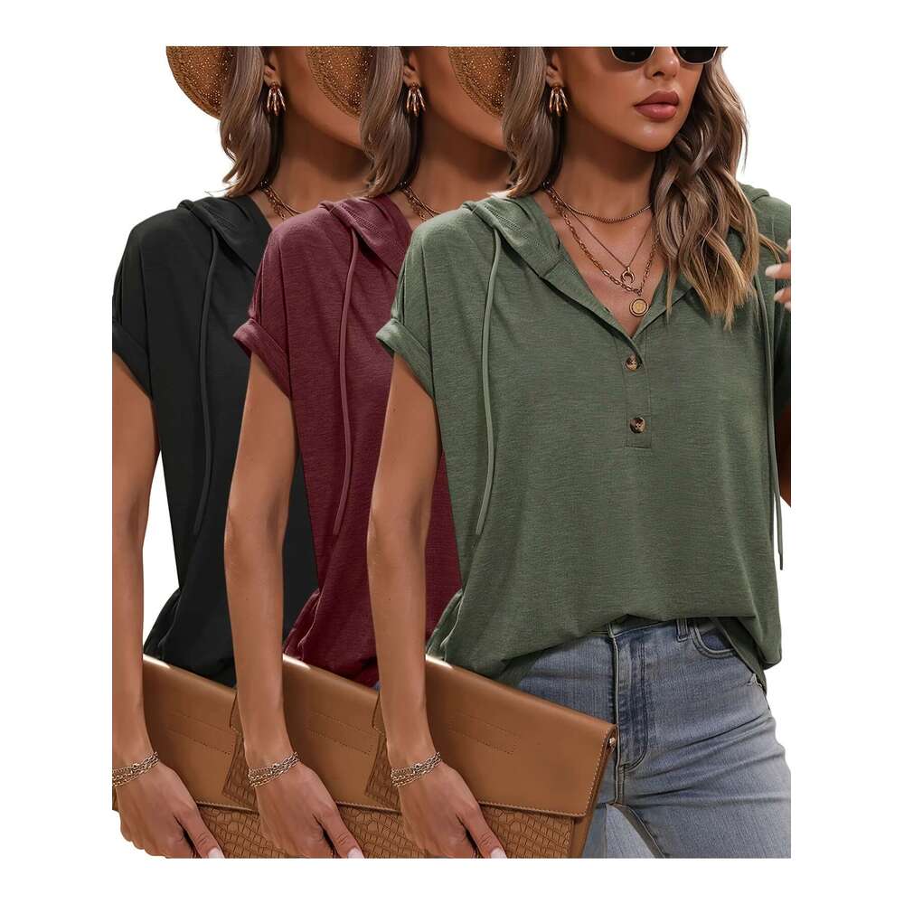 Pcs Women S Spring Summer Hooded Lightweight Breathable Solid Color V Neck Button Up Short Sleeve T Shirts With Drawstring Waist Polyester Hine Washab