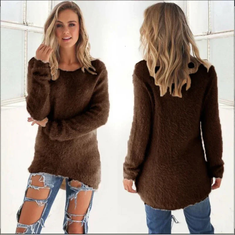 Women Warm Sweater Solid Color O Neck Loose Cotton Knitted Pullover Long Casual Oversize Blouse Ladies Hipster Clothing 251029