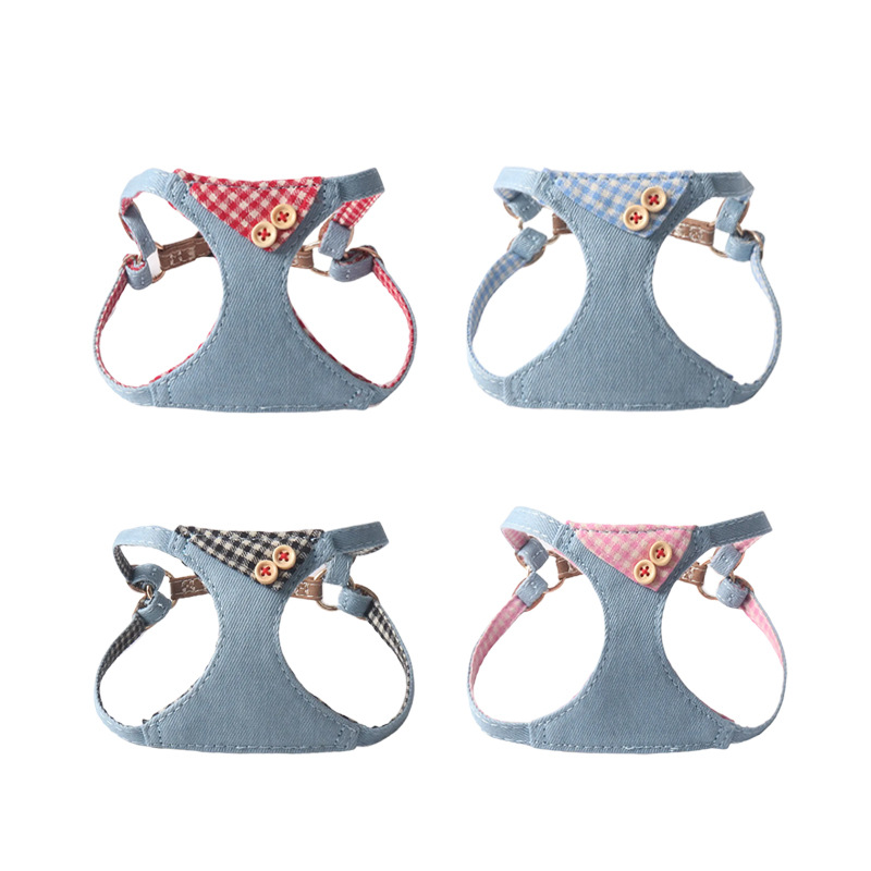 Plaid Denim Dog Harness & Leash Set with Decorative Buttons, Comfortable Breathable, Multi-Color Options, for Small Dogs, Sturdy Metal Buckles, Ideal 