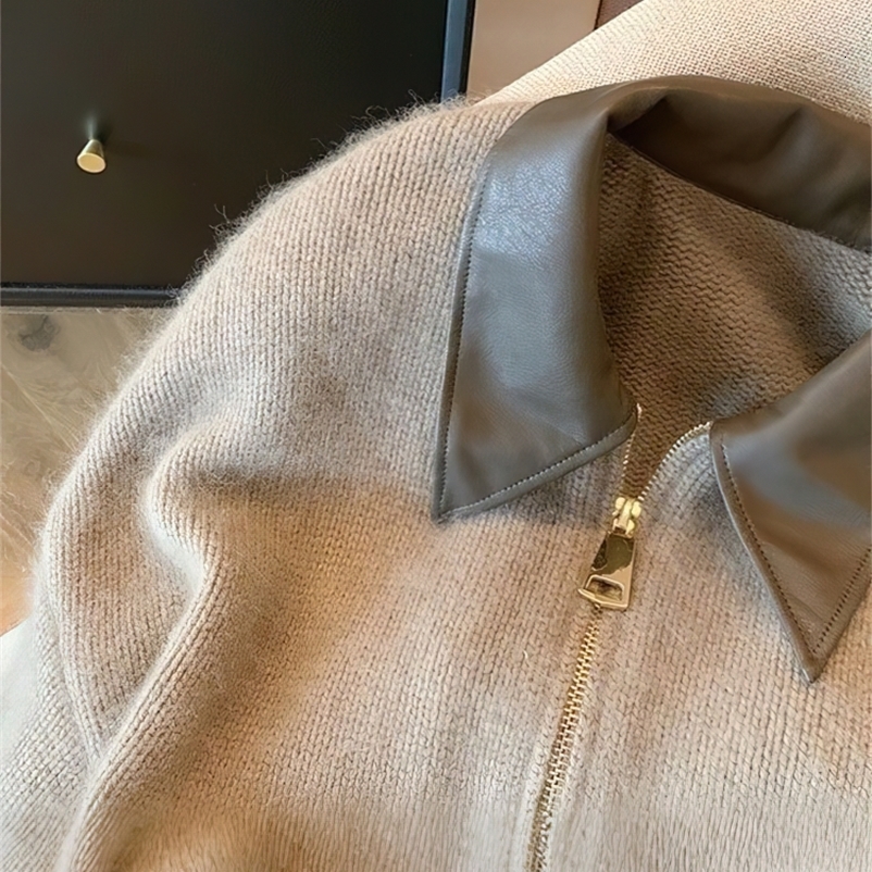 Patchwork Zipper Cropped Cardigan Women 400g Thick Autumn Knitted Sweater Bomber Jacket Short Fitted Knitwear Coat 251029