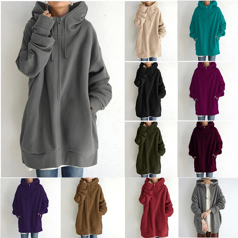 Oversized S5XL Women Loose Hooded Coats Autumn Female Tie Collar Long Sleeve Zipper Up Add Velvet XLong Sweatshirt JYFSHS0714 251030