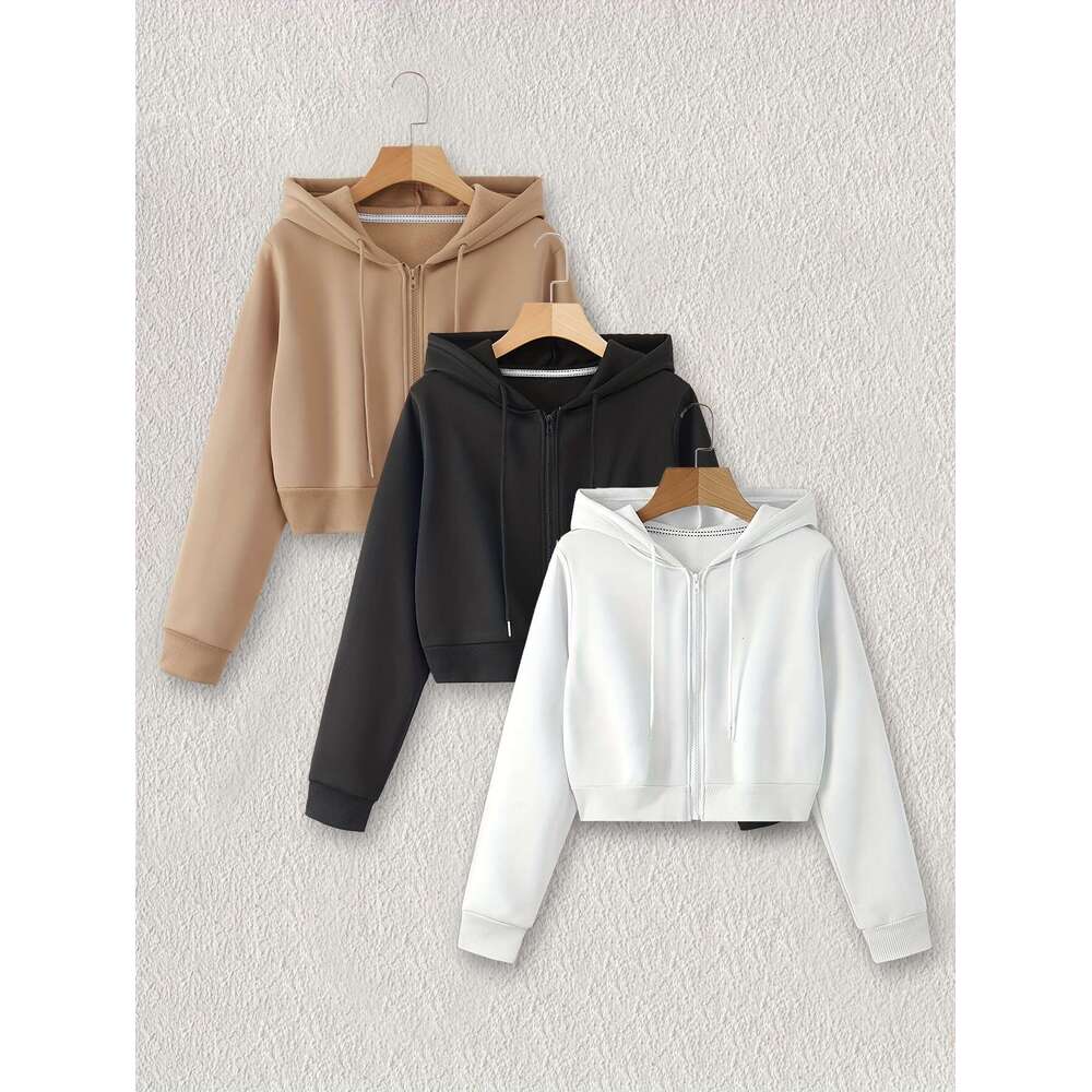 Casual Fashion Short Hoodie Zipper Cardigan Sweatshirt Set For Spring Autumn Winter Available In Three Colors Beige Black And White