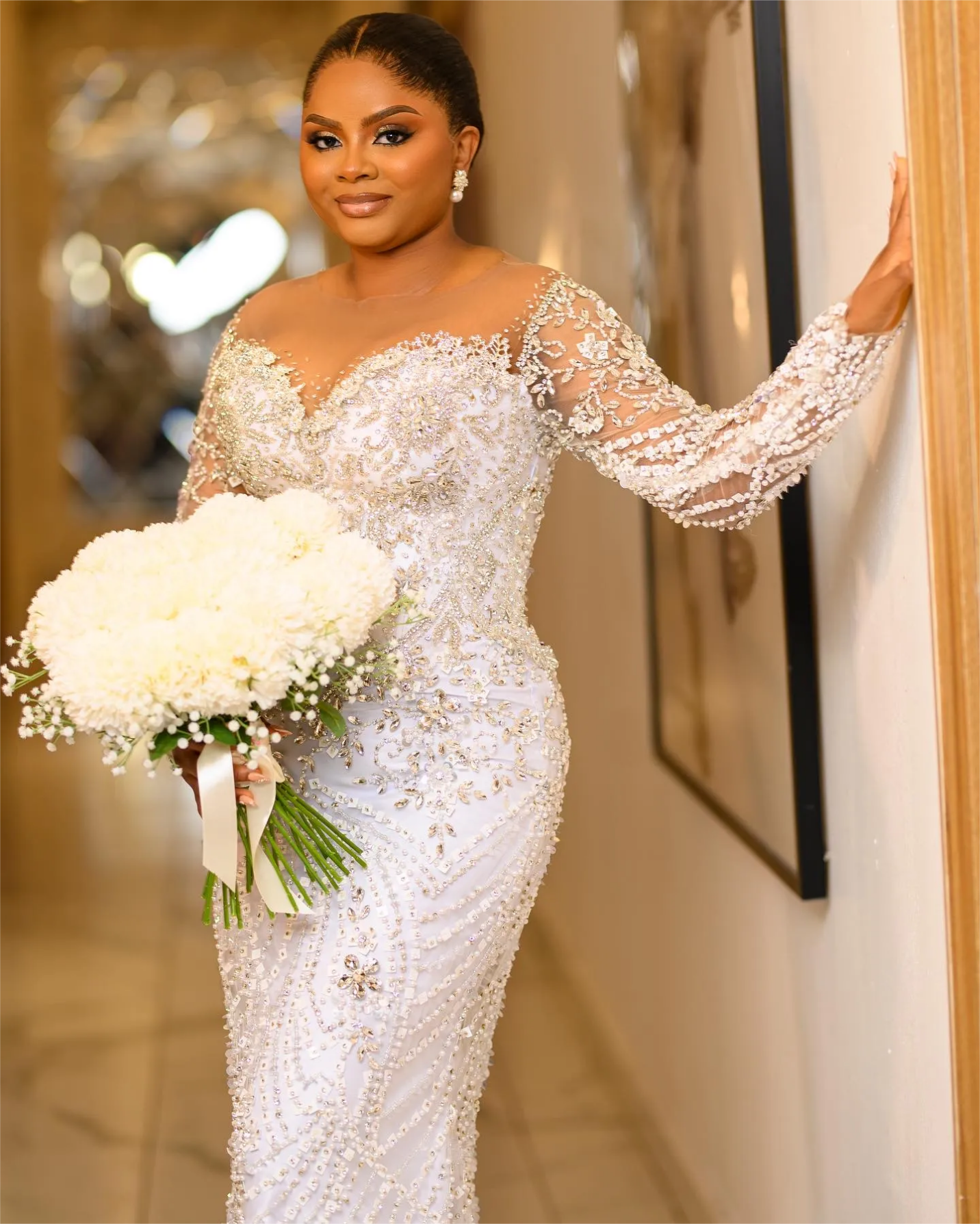 White Mermaid Wedding Dresses Plus Size Beaded Crystals Lace Detachable Train Bridal Gowns Dress