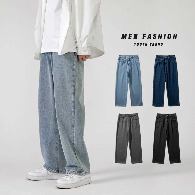 Korean Fashion Mens Baggy Jeans Classic Allmatch Solid Color Straightleg Denim Wideleg Pants Male Light Blue Grey Black J251030
