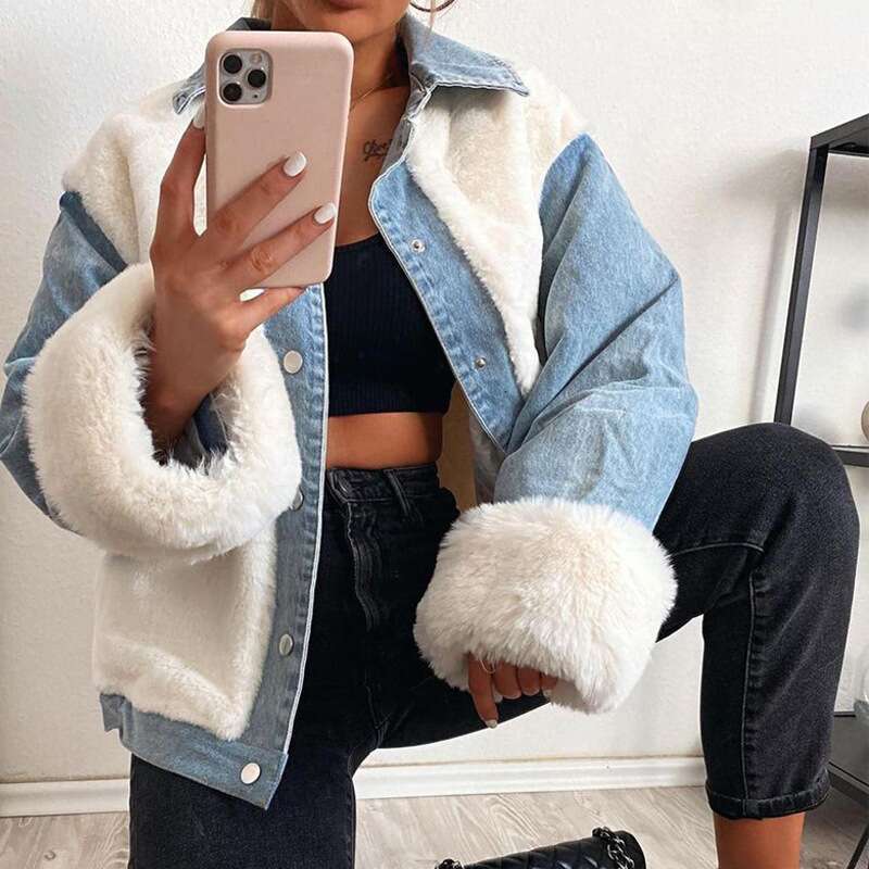 Women's European American Cross-Border Casual Plush Denim Splicing Warm Autumn And Winter Jacket Su2289