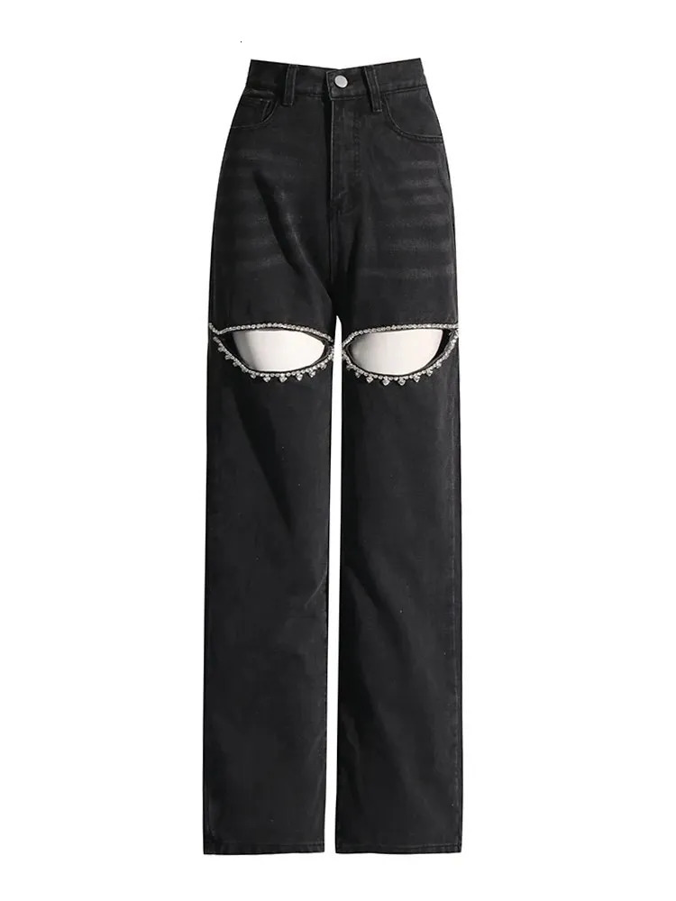 TWOTWINSTYLE Solid Patchwork Diamonds Denim Pants For Women High Waist Hollow Out Wide Leg Jeans Female Fashion 251029
