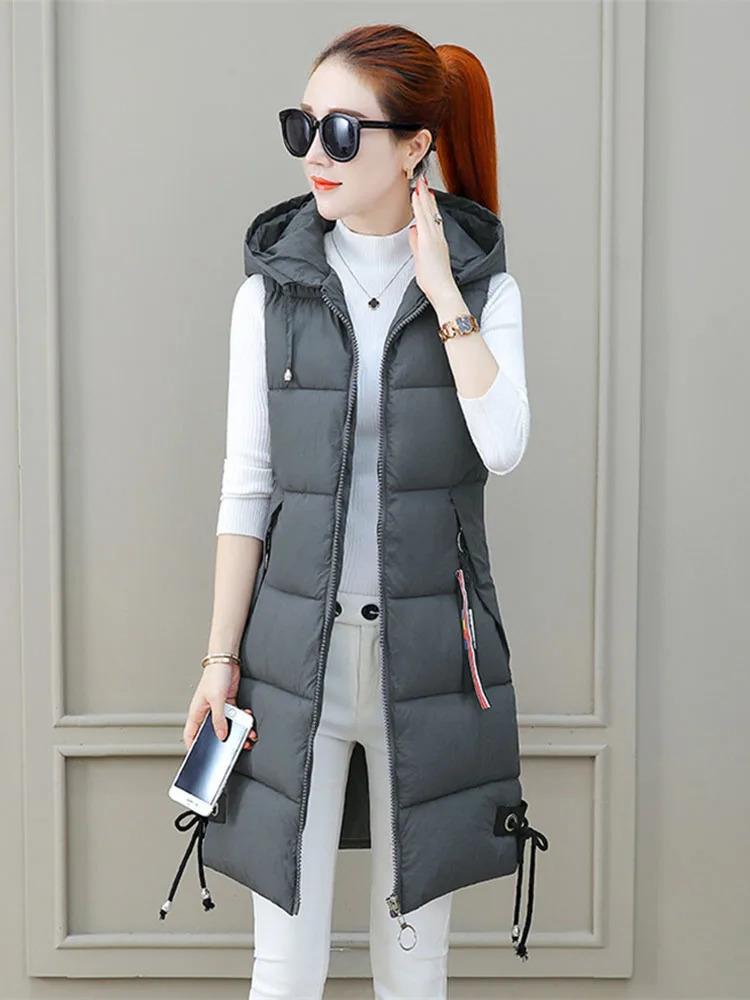 Fashion Student Winter Vest Long Waistcoat Hooded Coats Down Cottonpadded Jacket Thicken Parka Women Sleeveless Jackets 251024