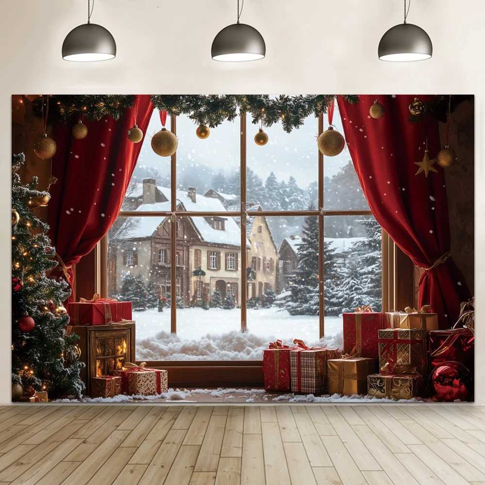 2025 Christmas Backdrop Snowy Window Winter Xmas Tree Gifts Baby Photography Background New Year Christmas Family Party Decor C251030