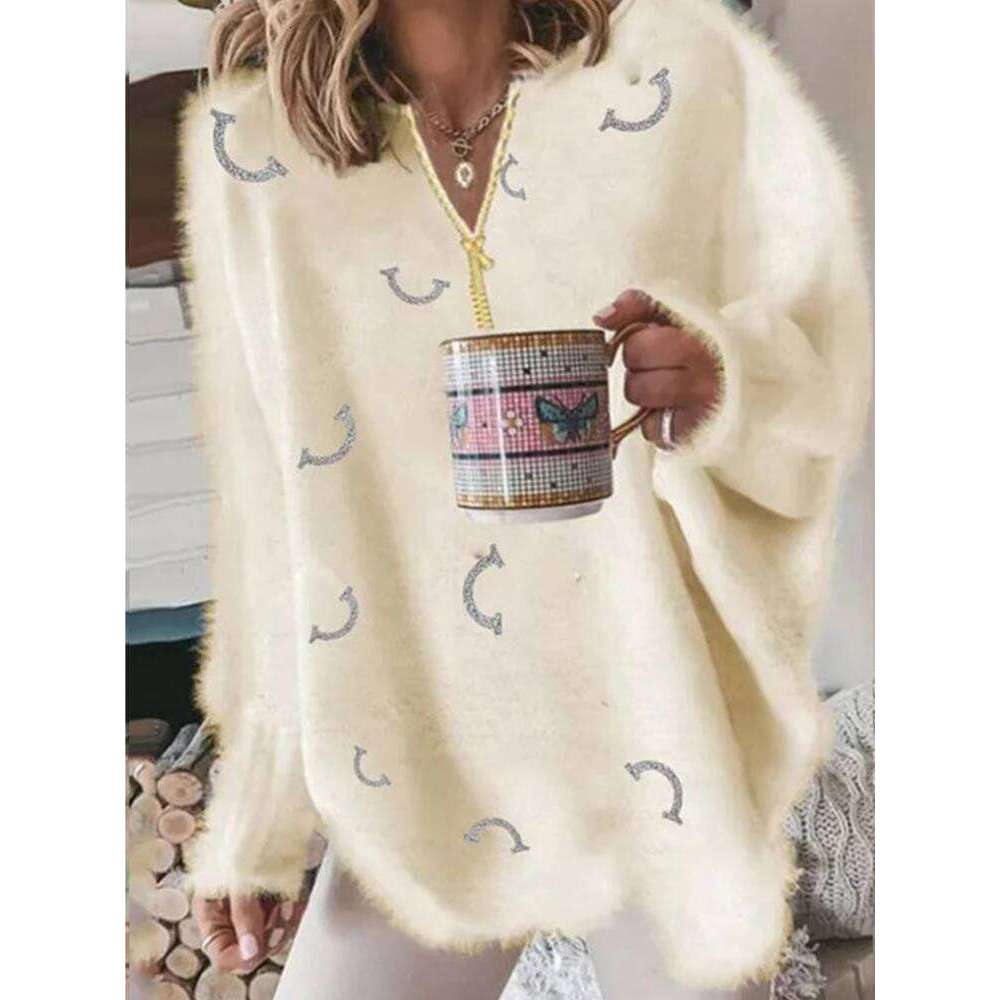 Women's V Neck Long Sleeve Sweater Casual Loose Fit Pullover Sexy Zipper Warm Knit Printed 2025 Fashion Trend For Women Designer Sweater Women Be