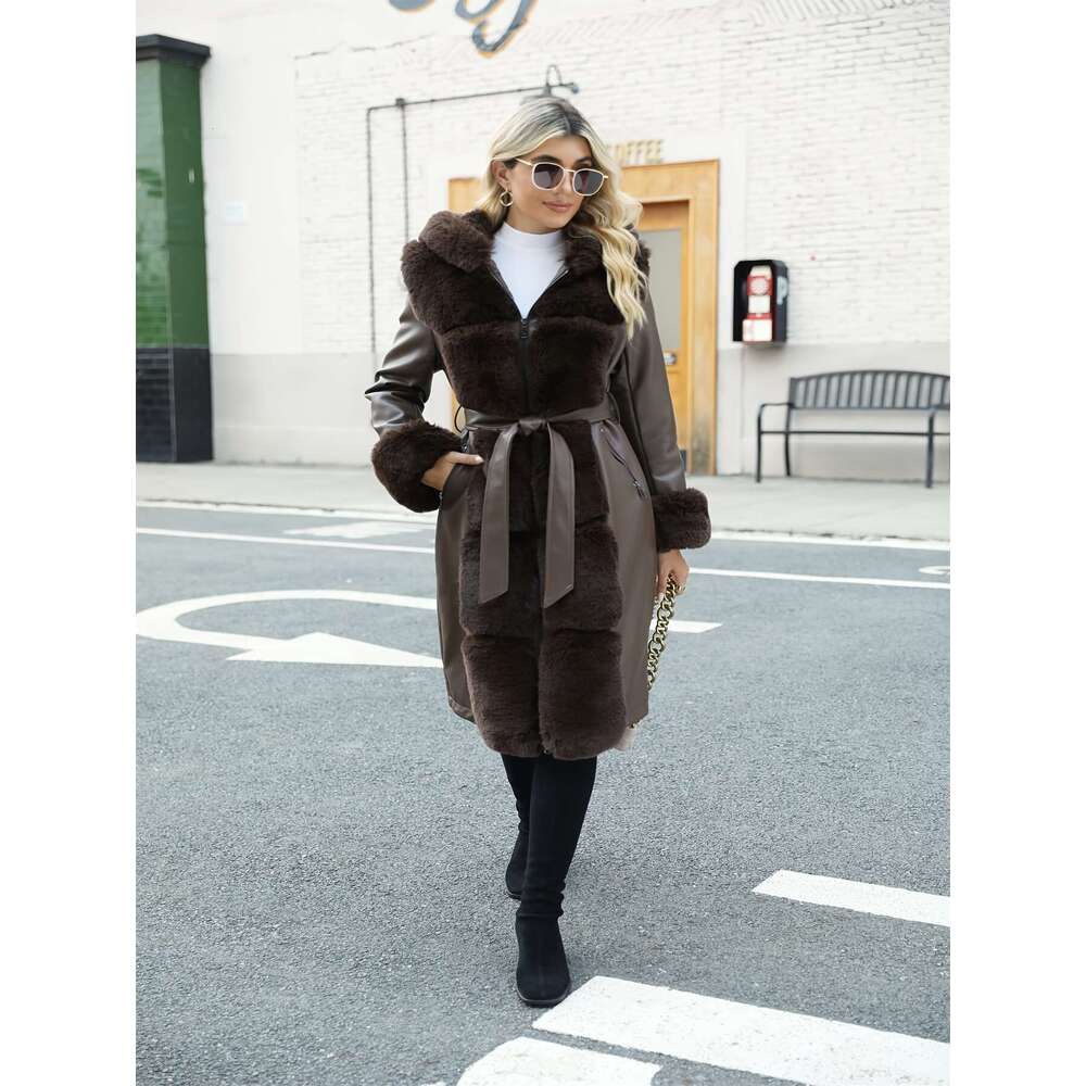 Elegant Fur Coat Warm Brown Women S Elegant Faux Fur Trimmed PU Leather Hooded Coat Long Winter Jacket With Belt Casual Fall Winter Outerwear