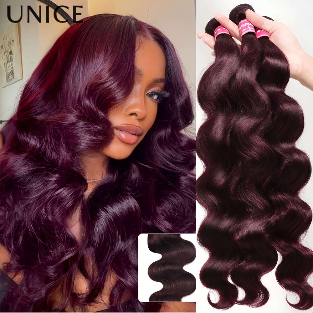 Unice Bury Plum Color Body Wave Virgin Human Weave 1 Bundle And 3 Bundles, Bundles Women Real Hair,