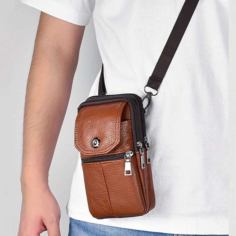 Mens genuine leather waist bag mtifunctial zipped phe pouch with adjustable shoder strap Y251011