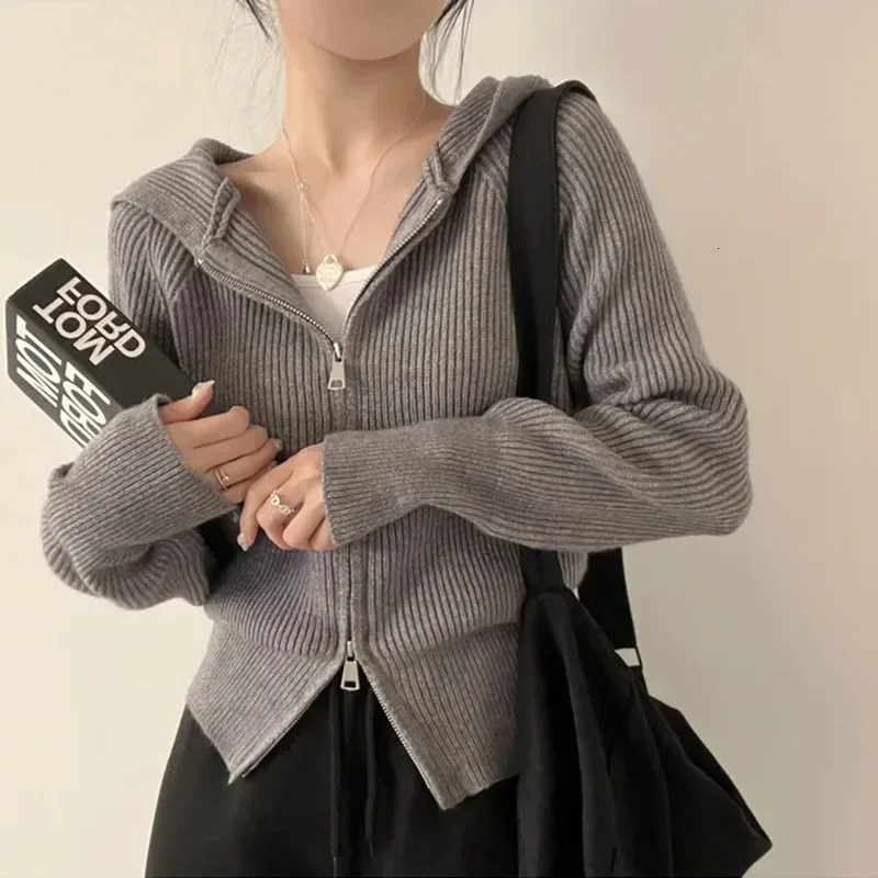 Ladies Thickened Knitted Hooded Open Cardigan Sweater Winter Autumn Style Zipper n Unique Collar Sweater Female Fashion 251029