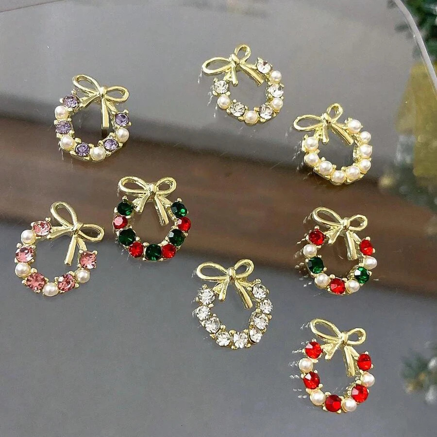 10Pcs 3D Metal Gold Silver Christmas Wreath Bowknot Rhinestone Pearl Nail Art DecorationsJewelry Charms DIY Accessoires Supplies 251027