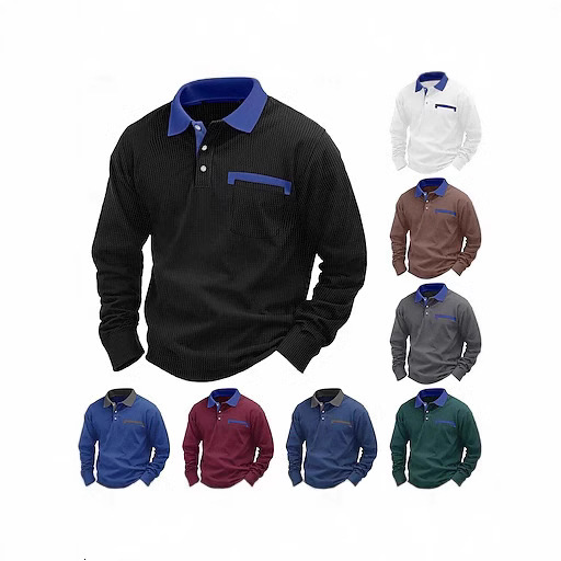 Fashion American Retro Loose Fit Autumn Long Sleeve Waffle Polo Shirt European and American Men's Turn-Down Collar T-Shirt Top
