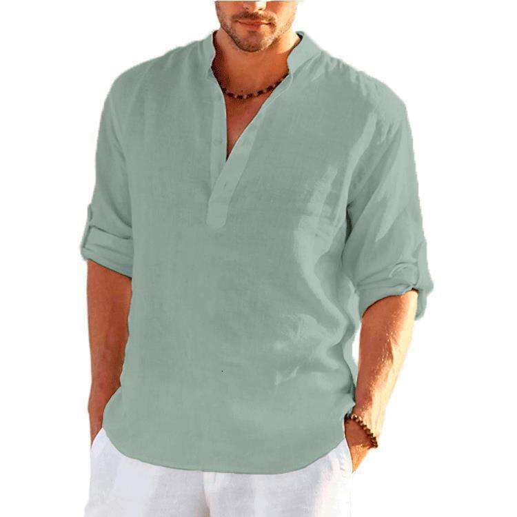 New Men's T-Shirt Loose Sweatshirt Solid Color Long Sleeve Cotton Linen Shirt