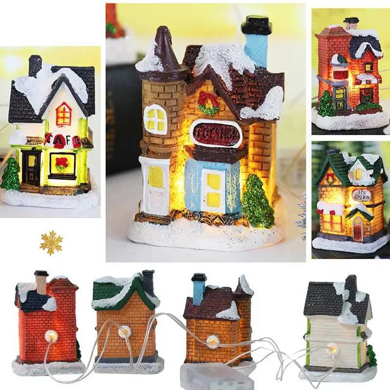 LED Resin Christmas Village Ornaments Set Figurines Decoration Santa Claus Pine Needles Snow View House Holiday Gift Home Decor C251030
