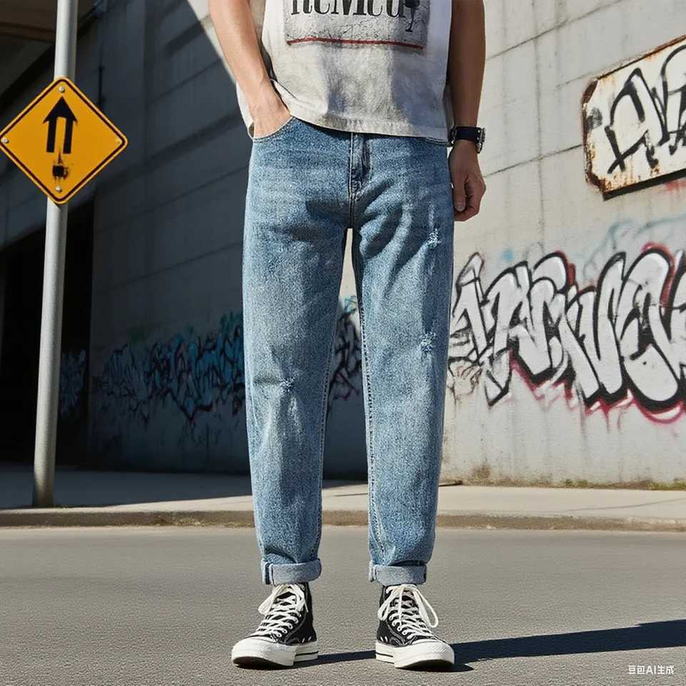 2025 springsummer new mens ripped jeans loose straight leg fashionable retro blue denim pants personalized street wear hiphop J251030