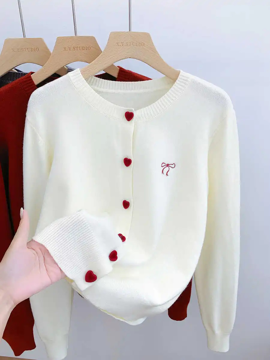 Korean Casual Solid Tops Women ONeck Single Breasted Heart Button Sweater Bow Embroidery Knitted Cardigan Woman Clothes 45 251028